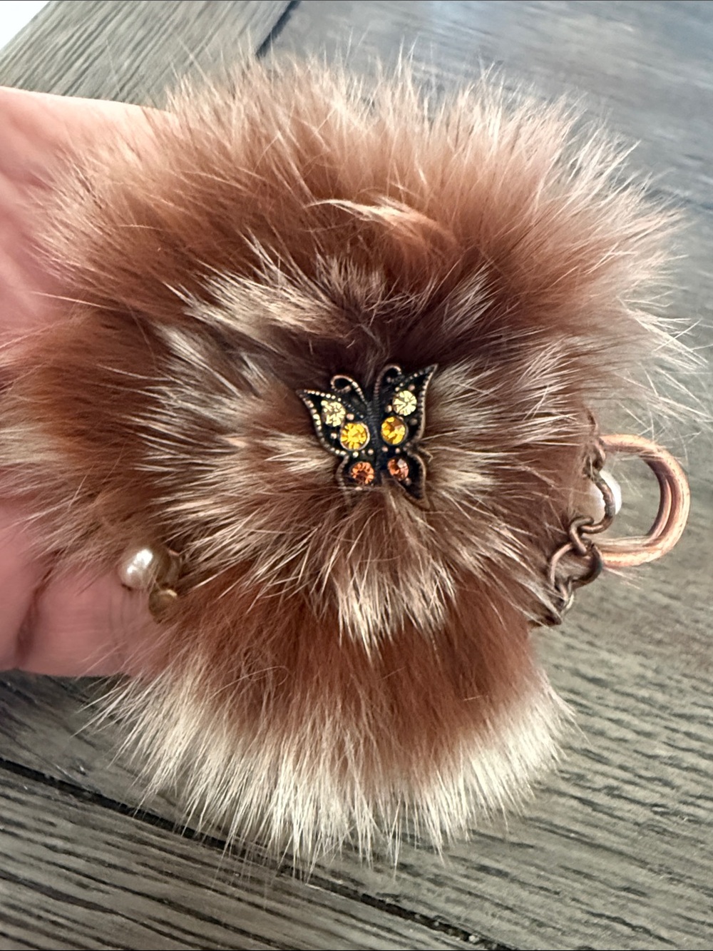 Vintage 1950s Mink Fur Pom Pom Brooch Pin Rhinestone Butterfly Pearl Char